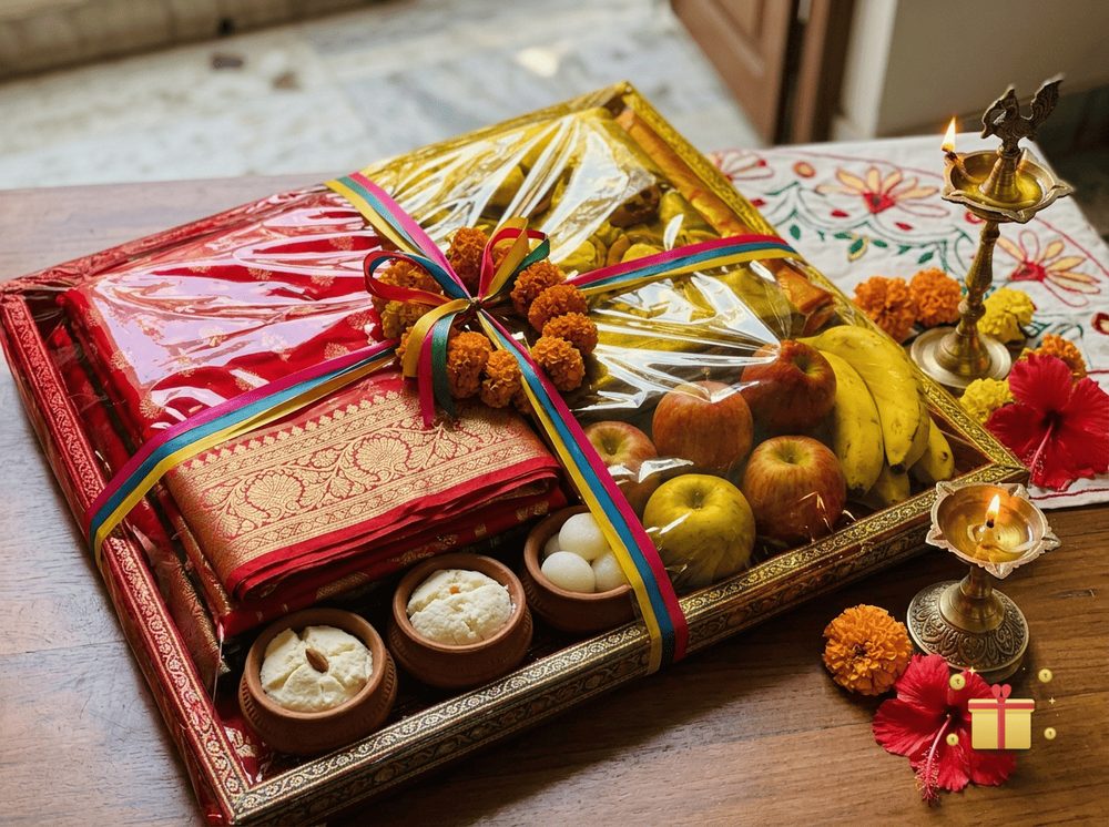 A decorated Bengali tattwa tray of folded sarees, sweets and fruit wrapped in coloured cellophane