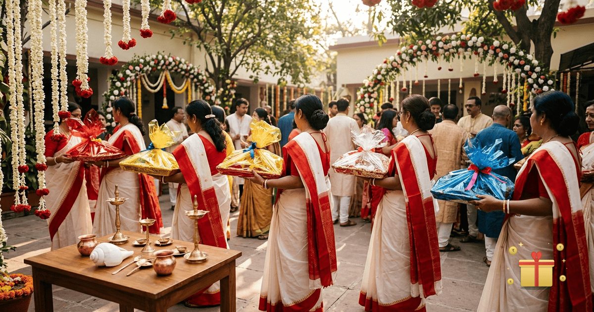 A Bengali wedding courtyard decorated in white and red flowers, with women carrying large decorated tattwa gift trays
