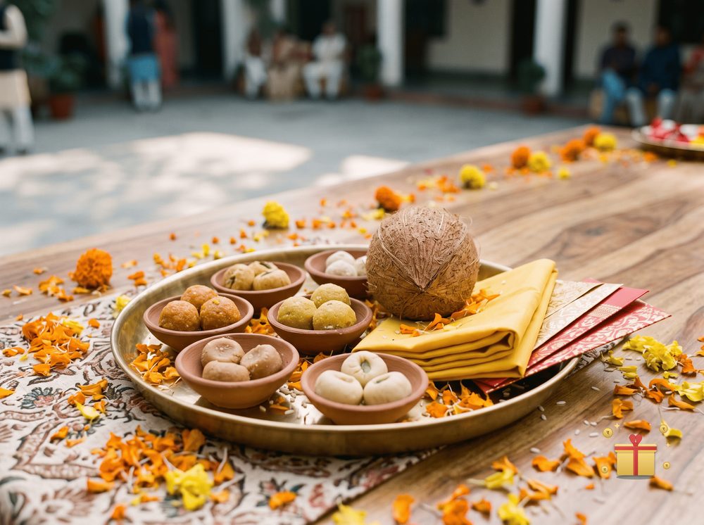 A brass tray of sweets in earthen bowls with folded cloth, a coconut and envelopes