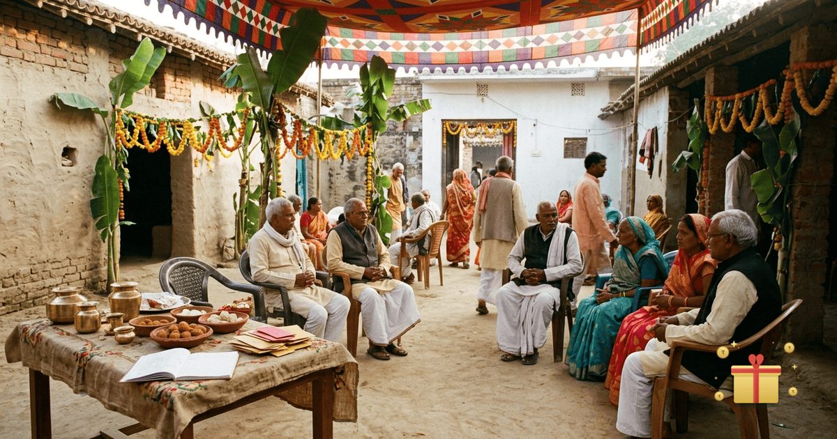 A wedding gathering in a decorated courtyard in Bihar with marigold decorations, elders seated, and a table of gifts and envelopes