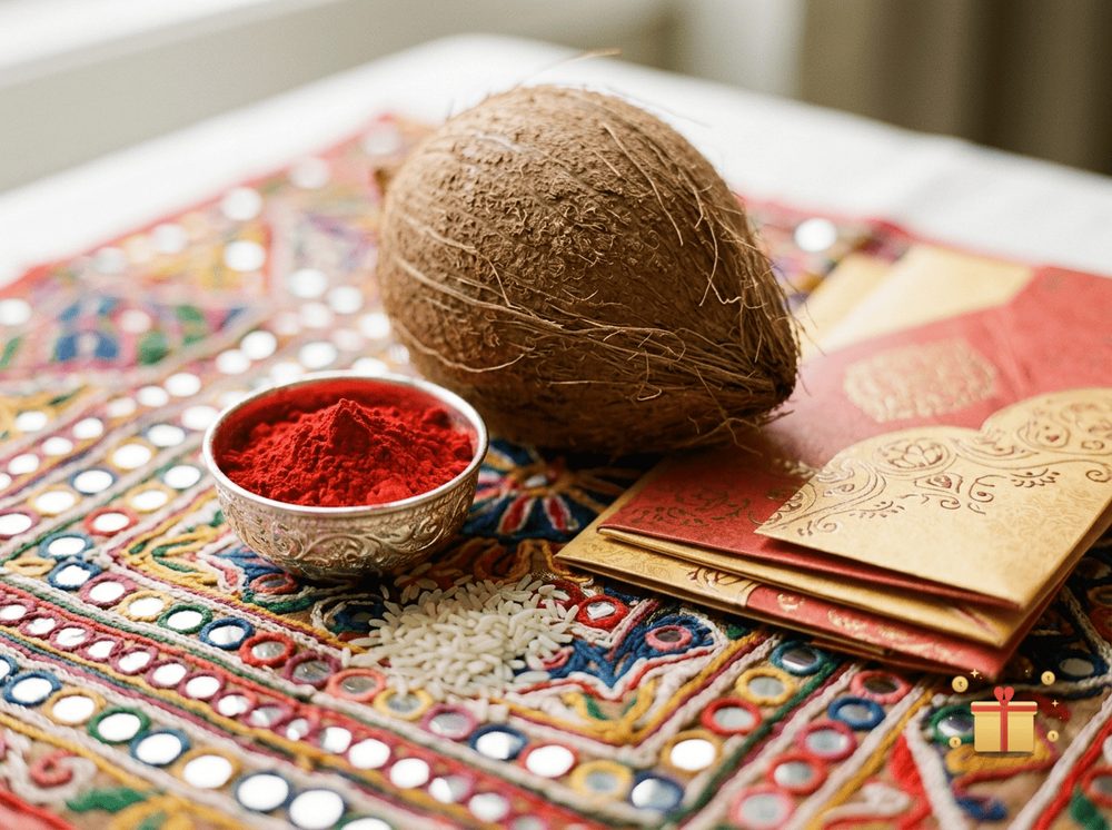 A small silver bowl of kumkum with rice grains, an envelope and a coconut on mirror-work cloth
