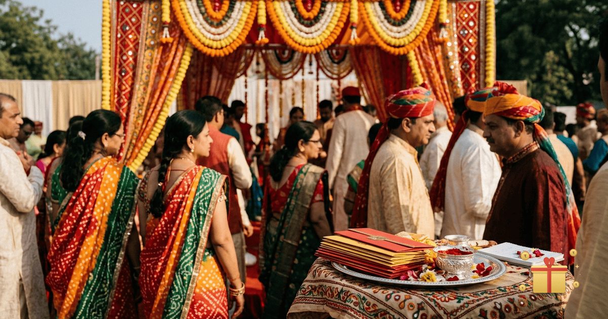 A Gujarati wedding mandap decorated with flowers and mirror-work fabric, guests in bandhani attire, and a silver tray of envelopes