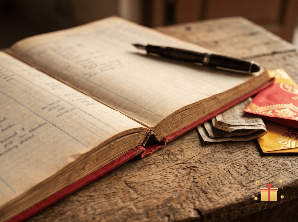 An old cloth-bound account register open on a table with a pen and folded currency notes