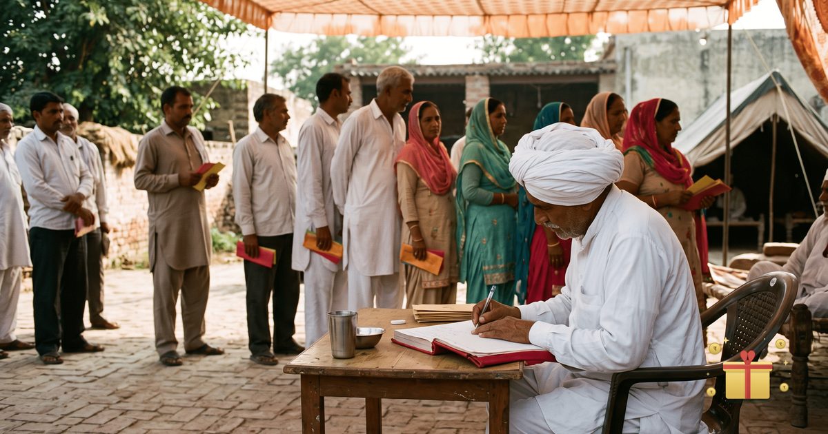 An elder in a white kurta and turban writing in a thick ledger at a village wedding in Haryana while guests wait with envelopes