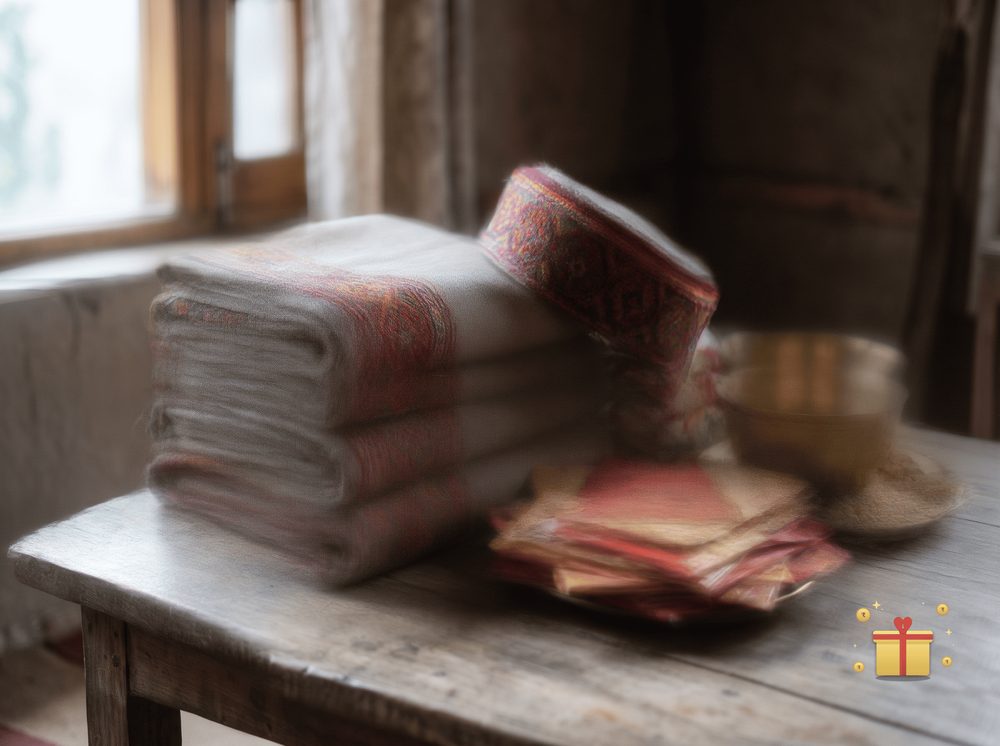 Folded woollen Himachali shawls and a traditional cap stacked as wedding gifts