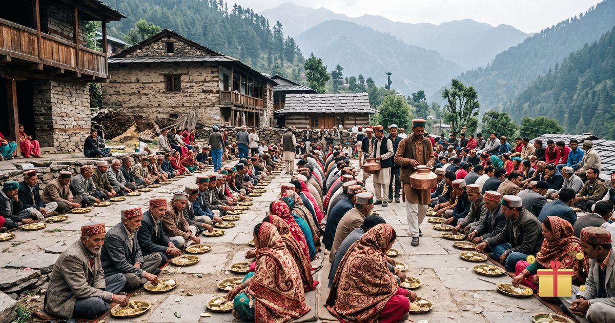 Guests seated in long rows in a stone courtyard for a dham feast at a Himachali village wedding, with pine-covered hills behind