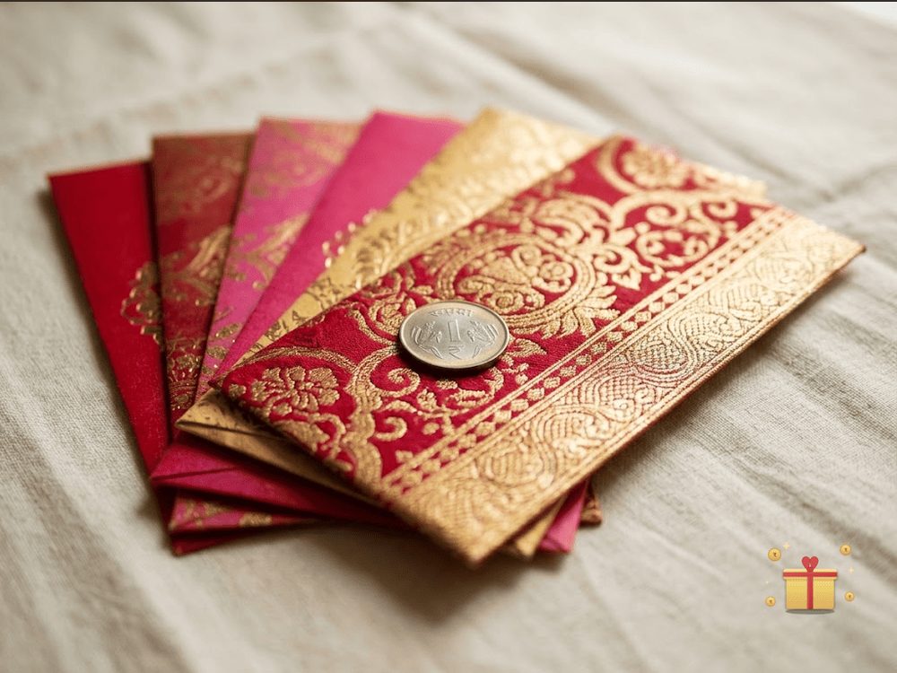 Several red, pink and gold shagun envelopes fanned out on cream cloth with a one rupee coin on top