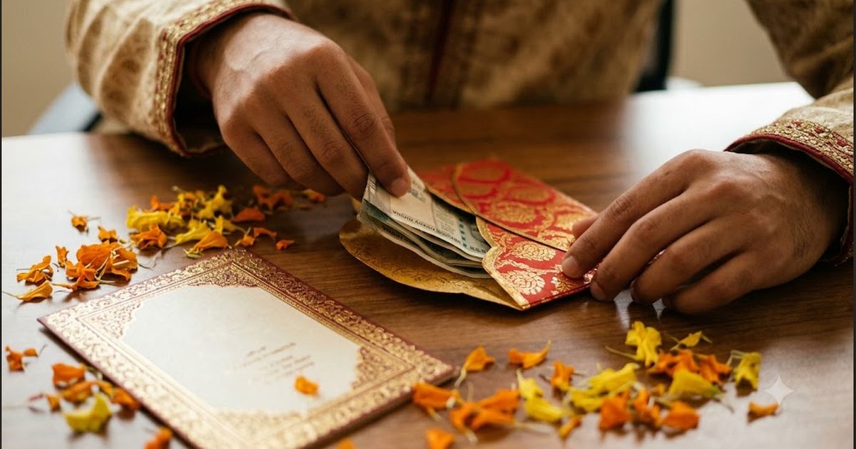 Hands placing folded Indian currency notes into a decorated red and gold shagun envelope on a table with marigold petals