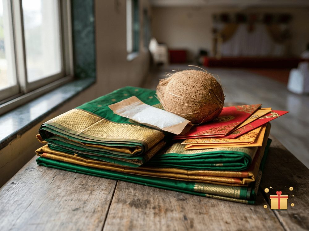Folded Paithani silk sarees stacked as gifts with a coconut and envelopes beside them