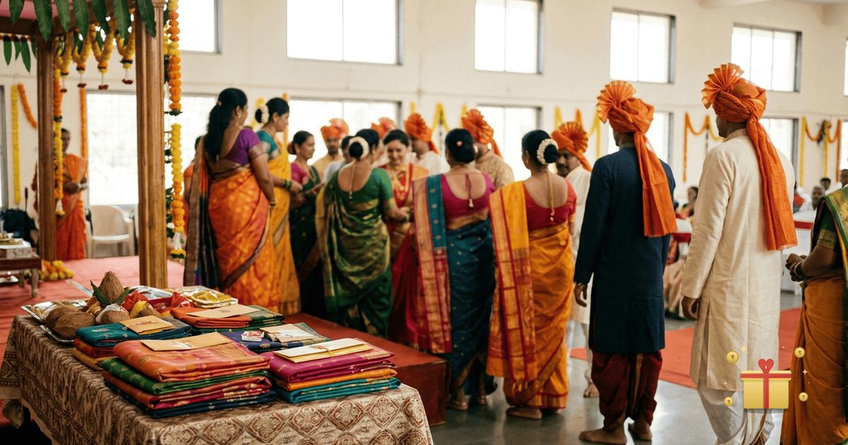 A Maharashtrian wedding hall with guests in nauvari sarees and pheta turbans, and a side table of folded silk sarees and envelopes