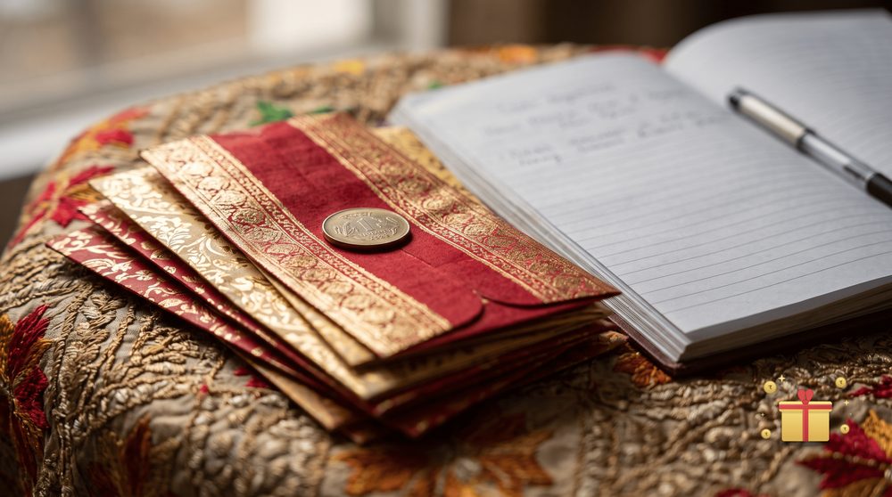 A stack of red and gold shagun envelopes beside an open register and pen