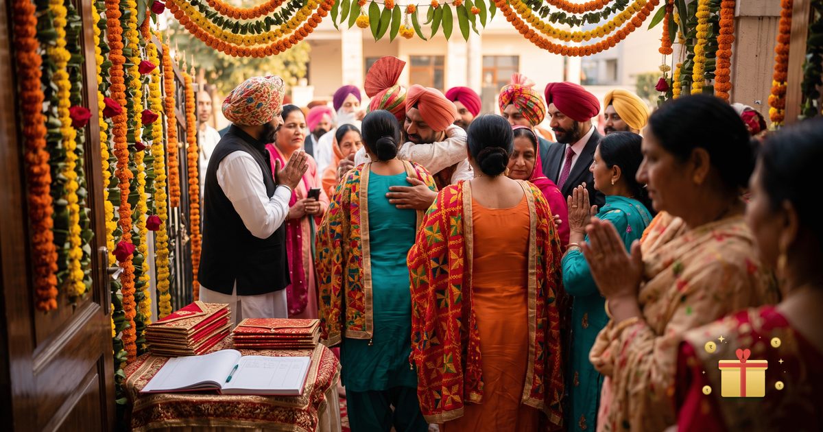 Guests in turbans and bright dupattas greeting each other at a marigold-decorated Punjabi wedding entrance, with a gift table and register to one side