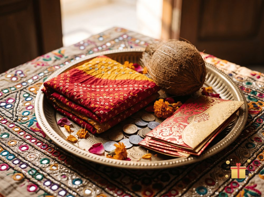 A brass thali holding folded bandhani cloth, a coconut, coins and gift envelopes