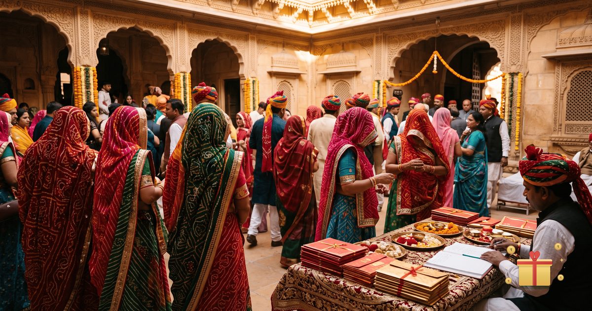 A Marwari wedding in a Rajasthani haveli courtyard with carved sandstone arches, bandhani sarees and a decorated gift table