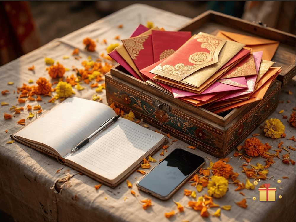 An overhead view of a wedding gift table with a box of envelopes, a notebook, a pen and a phone