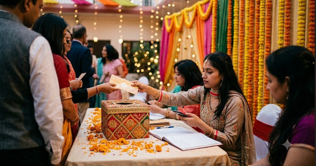 A busy gift counter at an Indian wedding, with a decorated box of envelopes and someone recording gifts on a phone