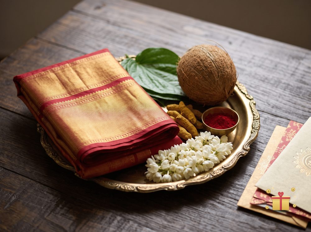 A silk saree folded on a brass tray with a coconut, betel leaves, turmeric, kumkum and jasmine