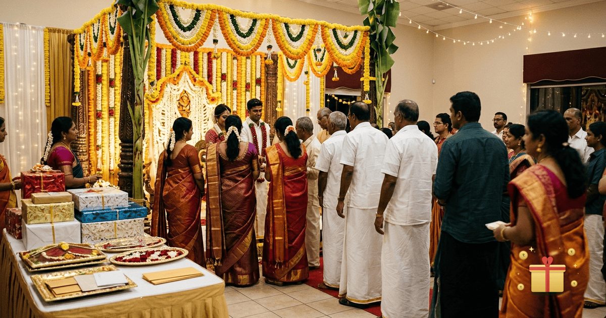 A South Indian wedding reception with guests in silk sarees and veshtis queueing at a flower-decorated stage beside a gift table