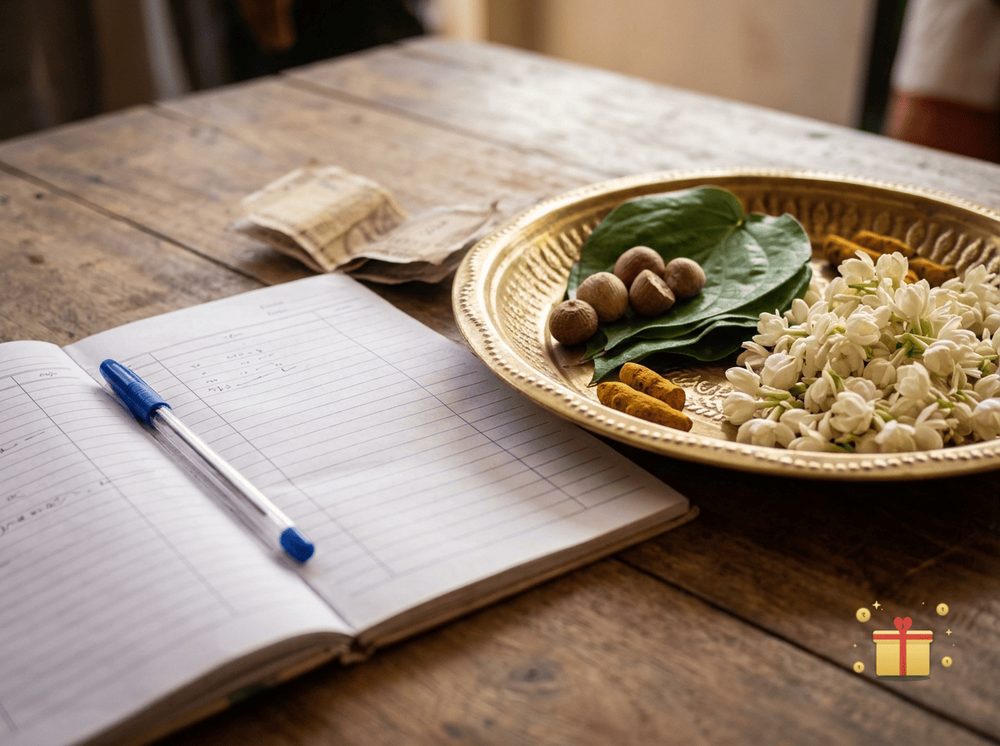 An open ruled notebook and pen beside a brass plate of betel leaves, areca nuts and jasmine