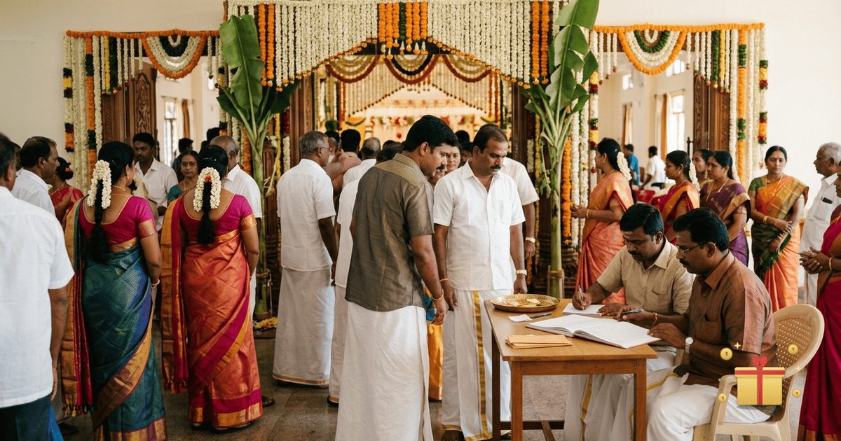 A Tamil wedding hall decorated with jasmine and banana trunks, with two men recording gifts in a notebook at a side table