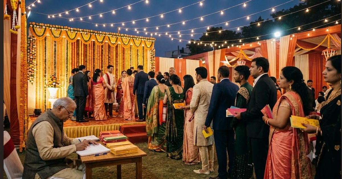 A wedding reception in Uttar Pradesh with a garlanded stage, guests holding envelopes, and a relative recording gifts at a side table