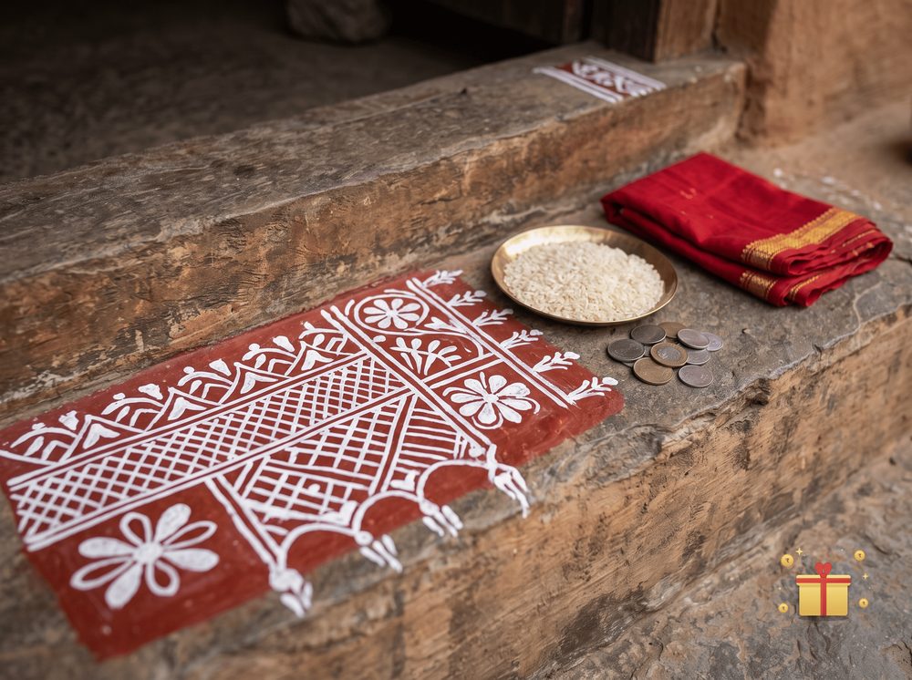 Red and white aipan artwork painted on a doorstep with a brass plate of rice and coins beside it