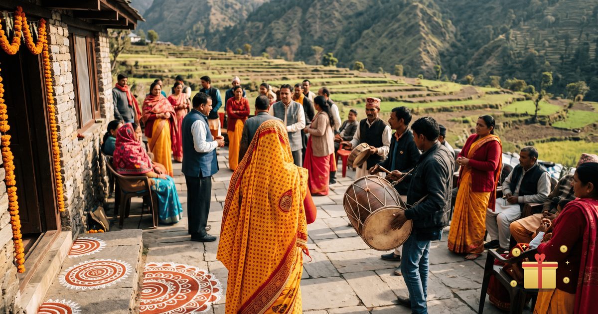 A Garhwali hill wedding in a village courtyard with aipan floor art, drummers and terraced fields behind