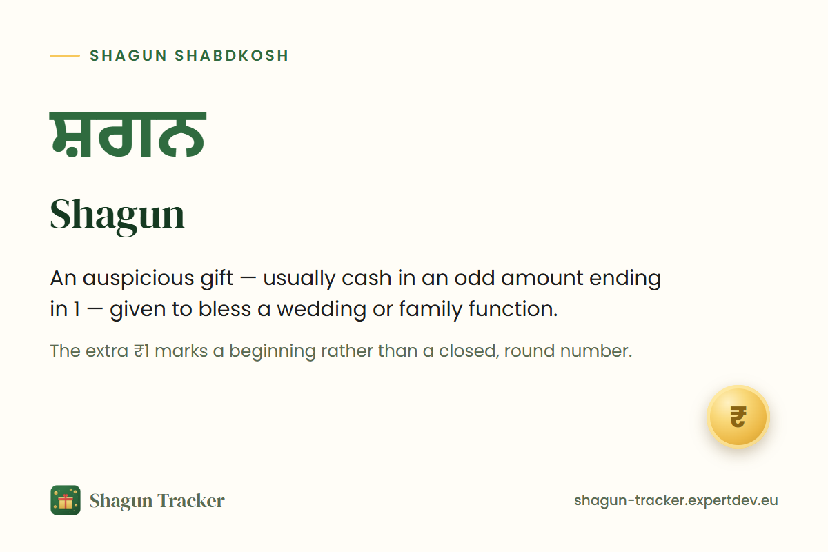 Shagun, written in Gurmukhi as ਸ਼ਗਨ: an auspicious gift, usually cash in an odd amount ending in 1