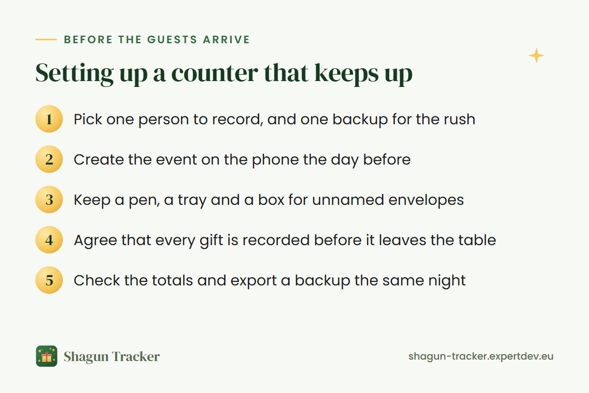 Checklist for setting up a shagun counter before guests arrive