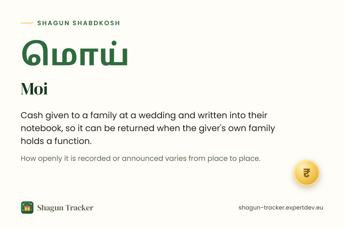 Moi, written in Tamil as மொய்: cash given at a wedding and written into the family notebook