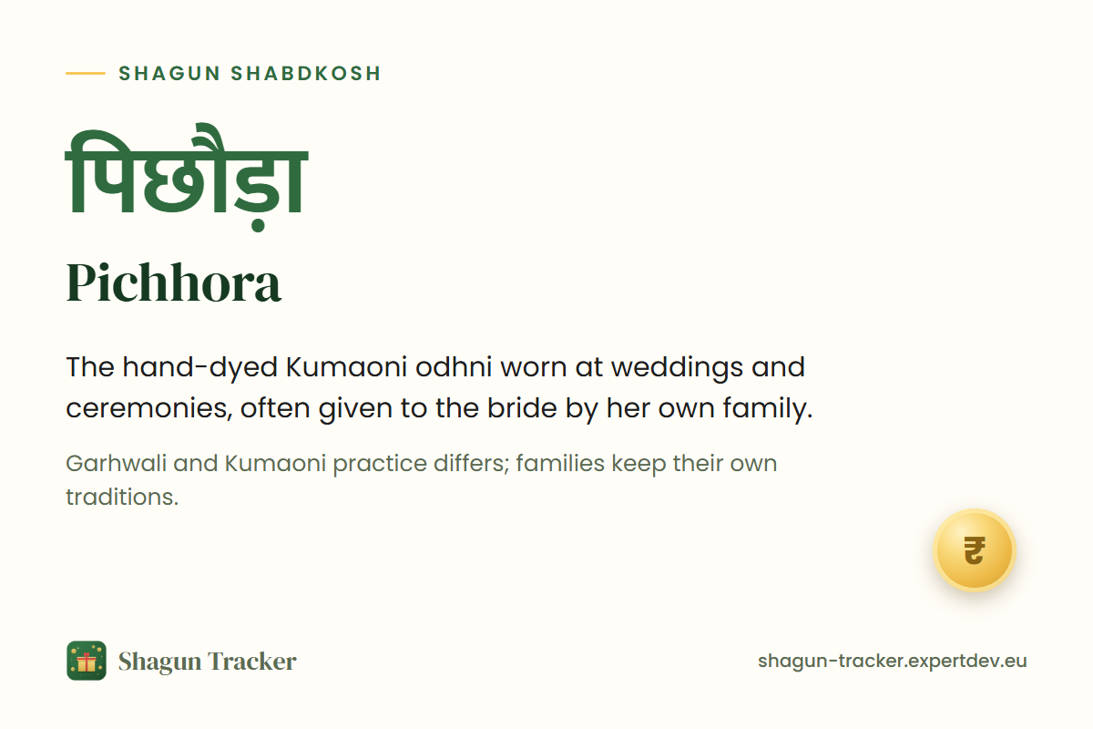 Pichhora, written in Devanagari as पिछौड़ा: the hand-dyed Kumaoni odhni worn at weddings and ceremonies
